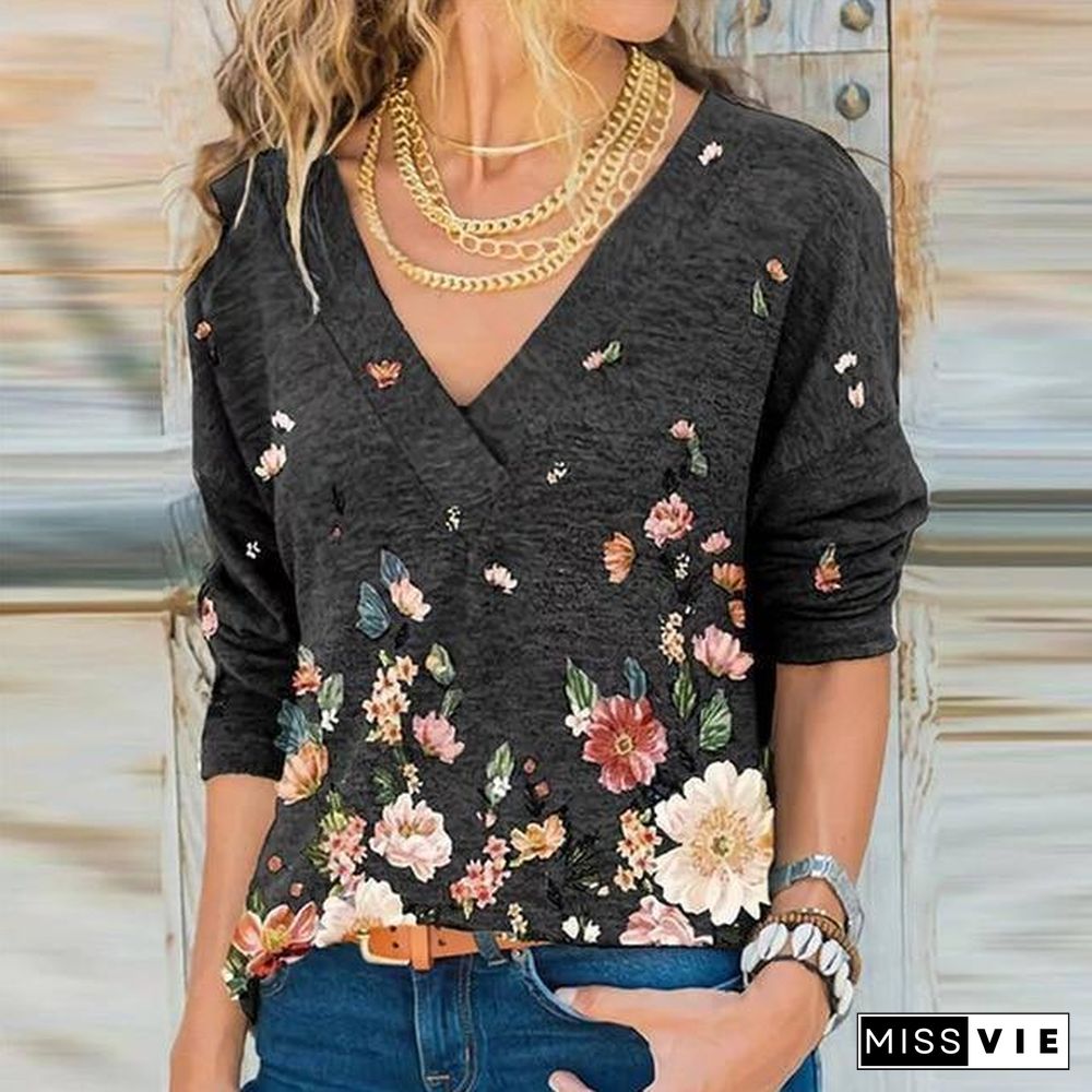 Women's Deep V Neck Shirt Tops Woman Elegant Printed Female Shirt Fall Retro Floral Long Sleeve Top Ladies Blouse