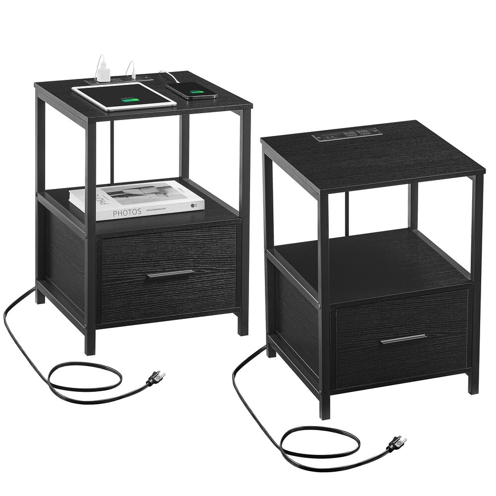 VECELO Mid Century Modern Nightstand with Charging Station USB port ((Set of 2))