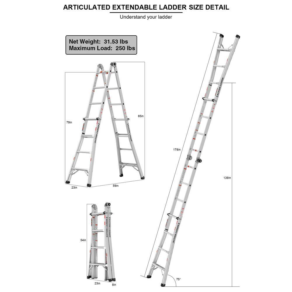 14 ft. Aluminium Alloy Articulated Telescoping Multi-Position A-Type Extension Ladder 250 lbs. Load Capacity Yea-LKD0-XRB