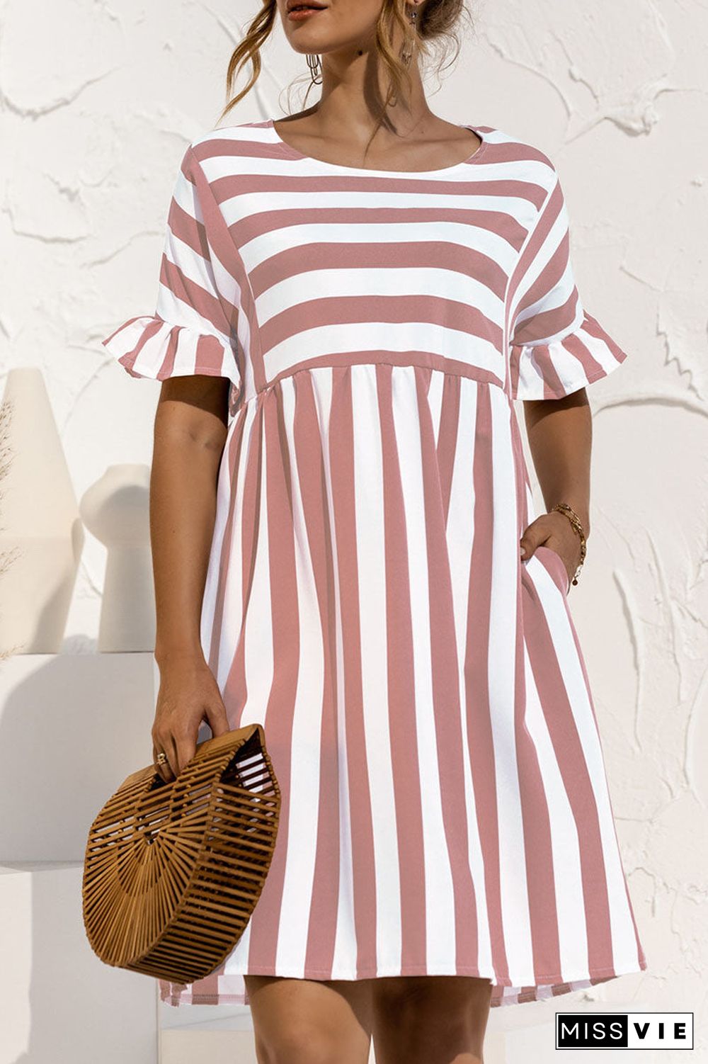 Fashion Casual Striped Split Joint O Neck A Line Dresses