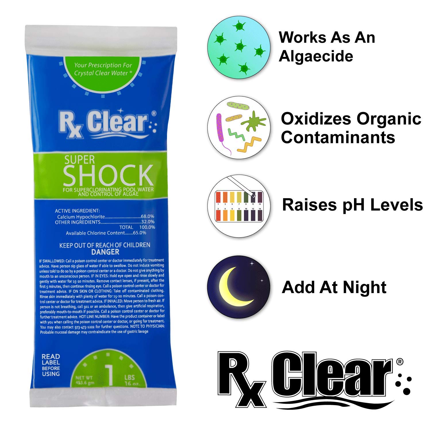 Rx Clear Super Shock 68% Calcium Hypochlorite for Swimming Pool - 24 lbs