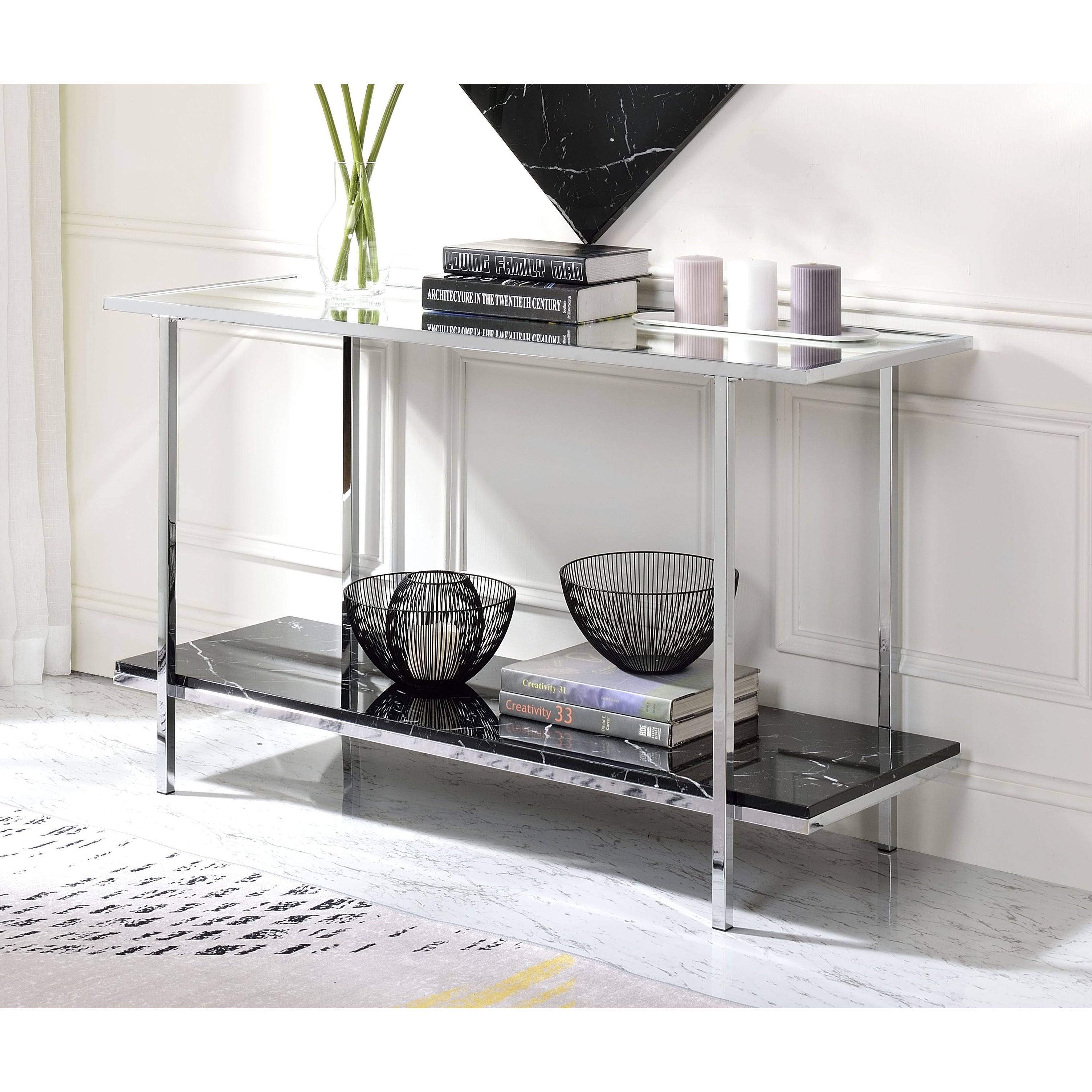 Open Compartment Rectangular console table， Mirrored， Faux Marble and Chrome