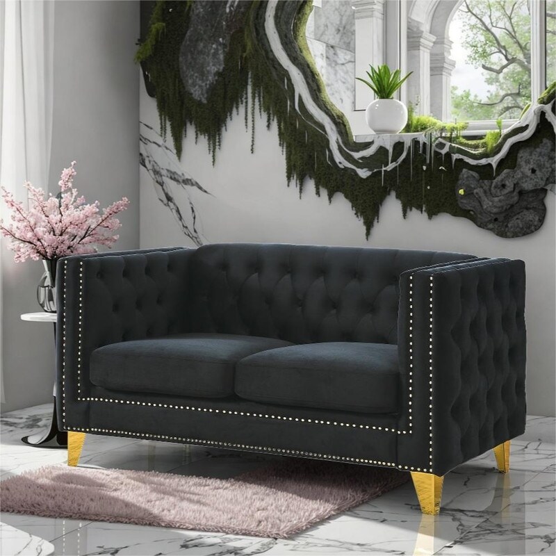 Velvet 2 Seat Sofa Buttons Tufted Couch for Living Room  Black