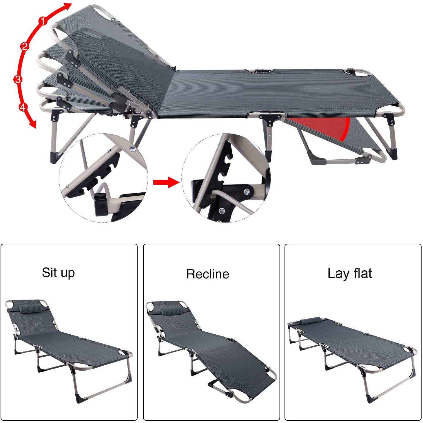 REDCAMP Folding Camping Cot for Adults, Adjustable 4-Position Reclining Folding Chaise Lounge Chair with Pillow for Camping Outdoor Beach Pool, Grey