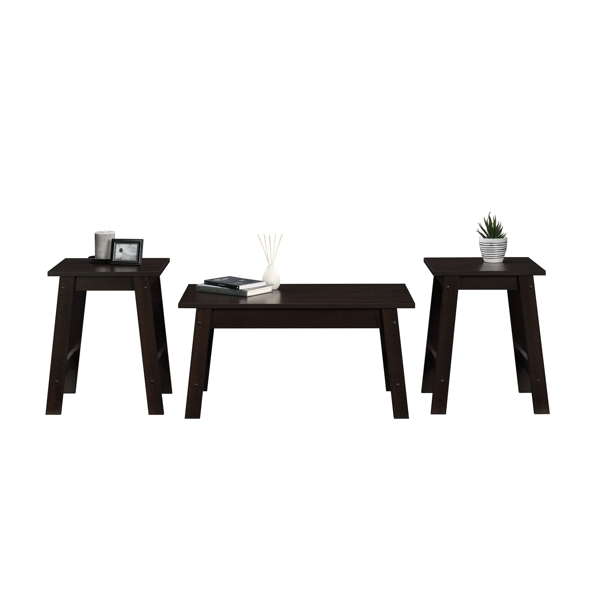 Mainstays Pilson 3 Piece Coffee Table and End Table Set, Espresso Finish