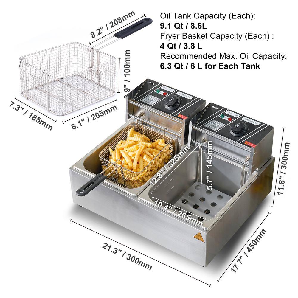 VEVOR Commercial Electric Deep Fryer 18.2 qt. Electric Countertop Fryer 3000 Watt Stainless Steel Dual Deep Fryer Silver SG24L5000W12LIEZIV1