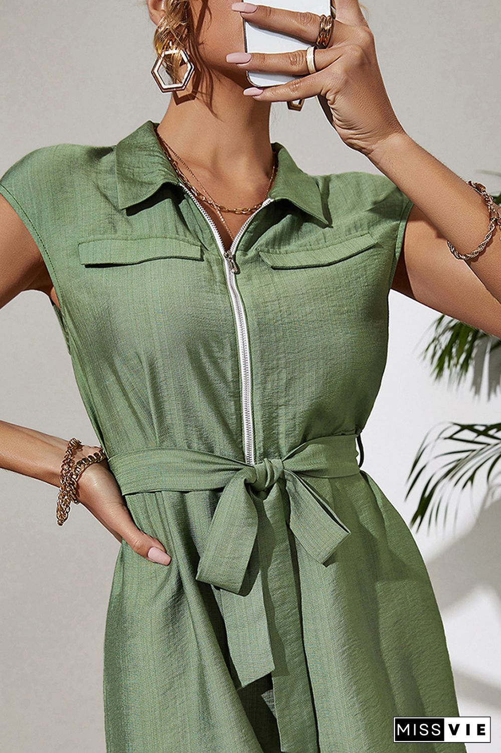 Green Turn Down Collar Zipper Romper