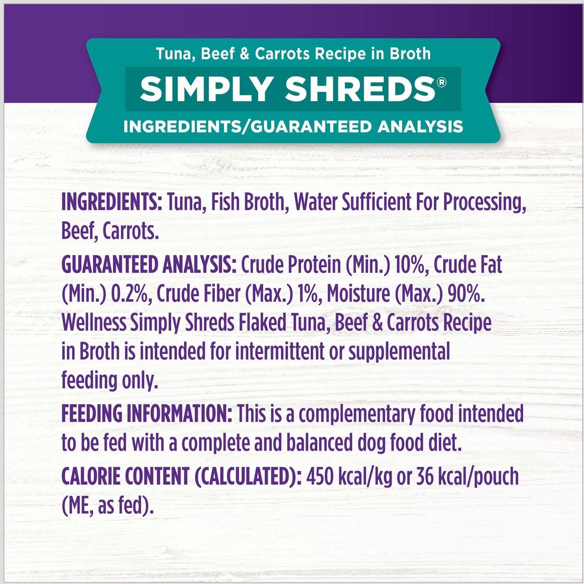 Wellness Bowl Boosters Simply Shreds Tuna， Beef and Carrots Natural Grain Free Wet Dog Food Mixer or Topper， 2.8-oz pouch， case of 12