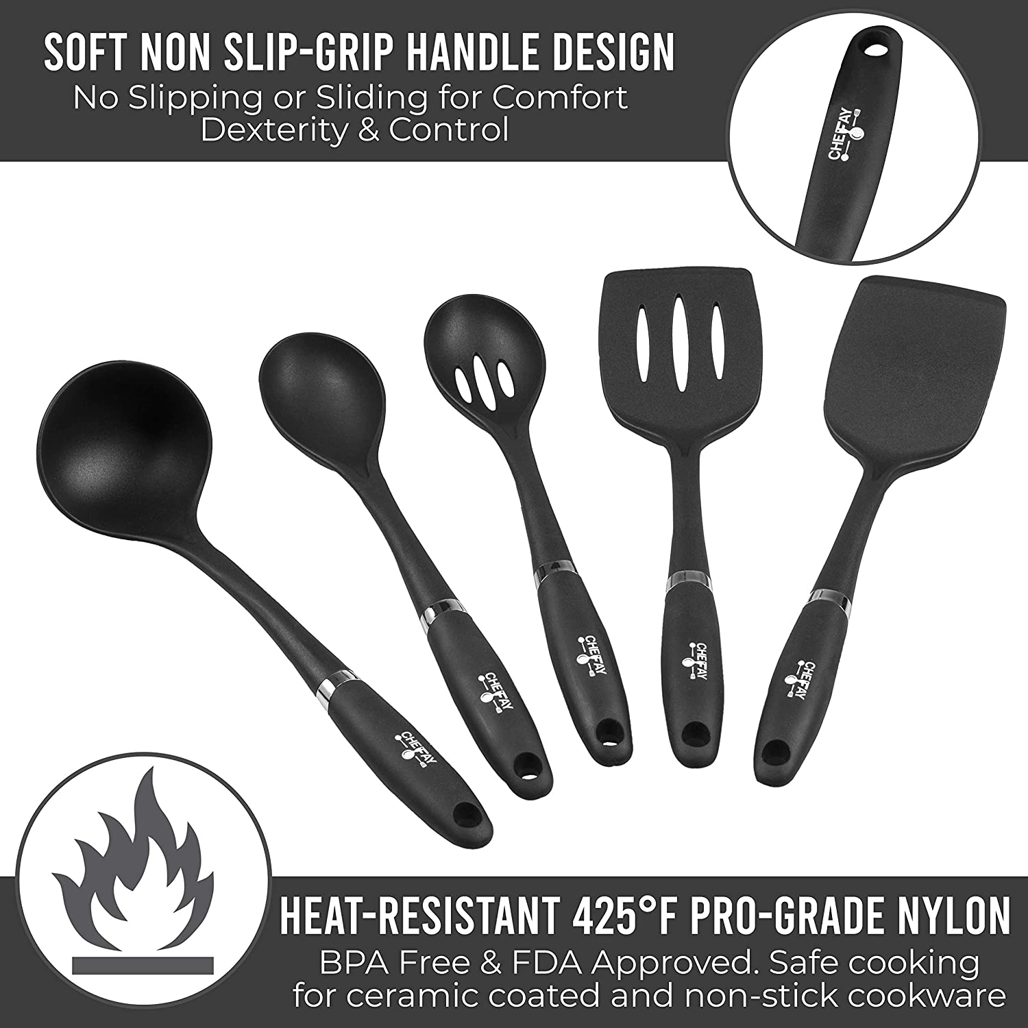 Kitchen Utensil Set for Comfortable Cooking and Easy Cleaning - Nylon - Non Slip Grip 5-Piece Utensils, Pro-Grade Kitchen Tools Set Great For Non Stick Cooking and Baking (Black)