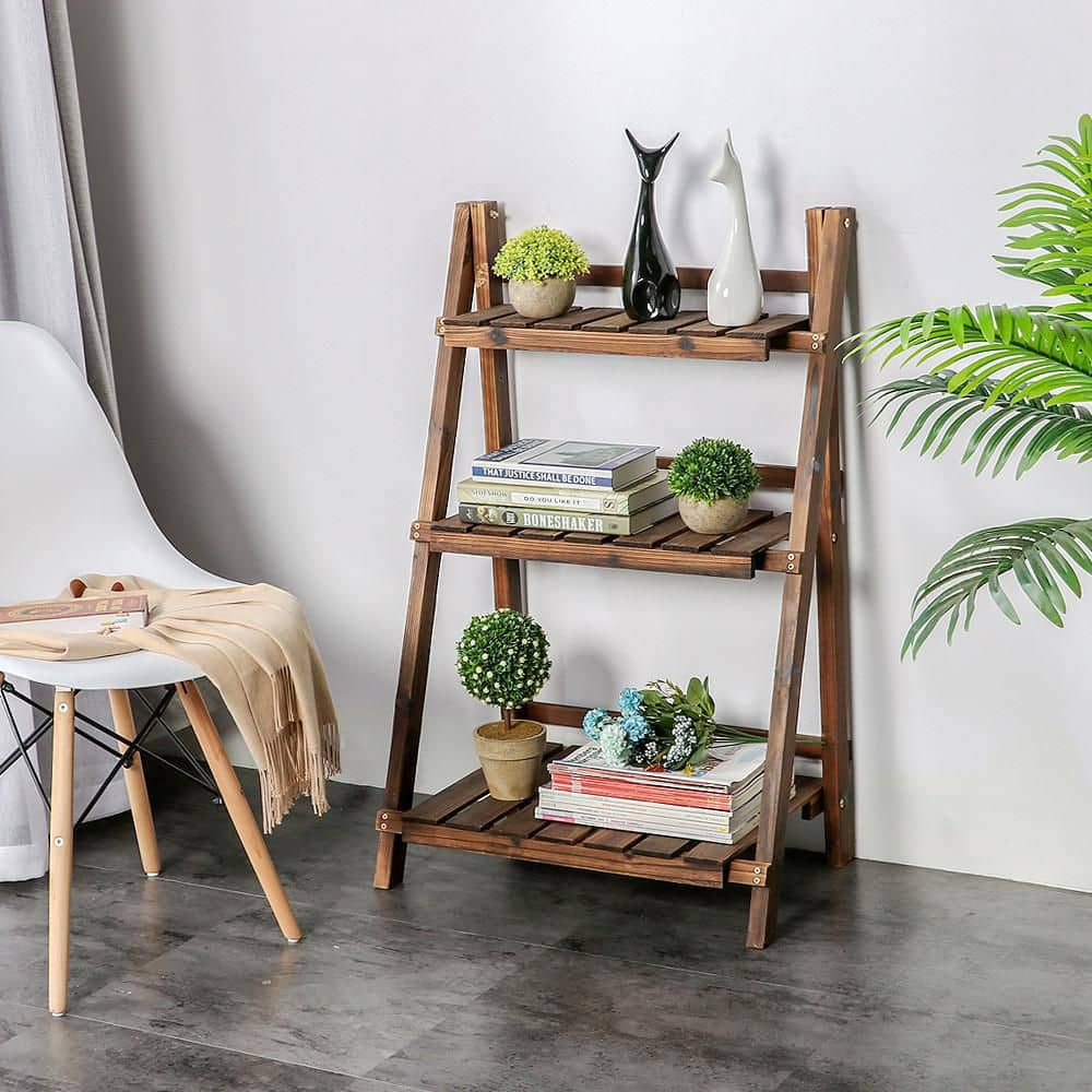 Yaheetech Indoors and Outdoors Folding Wooden Flower Pot Stand Flower Plant Display Ladder Stand (3-Tier) DYelt60001