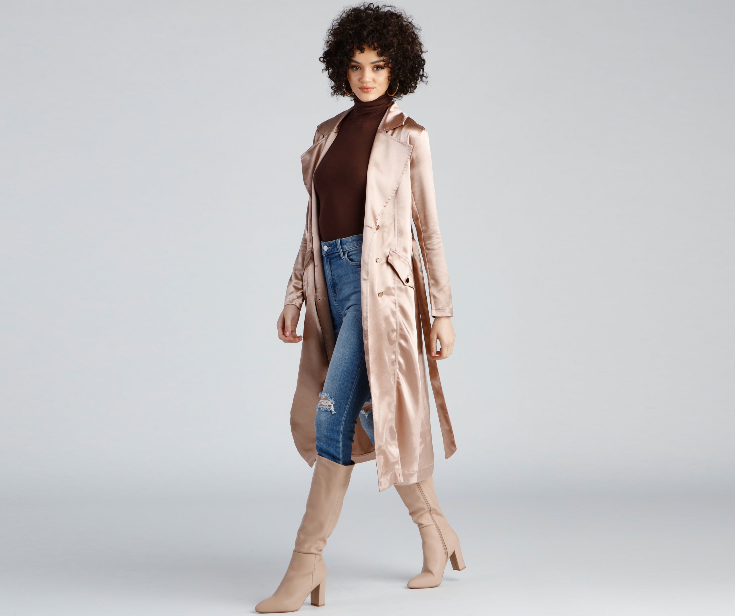 Sleek Sophistication Belted Satin Trench