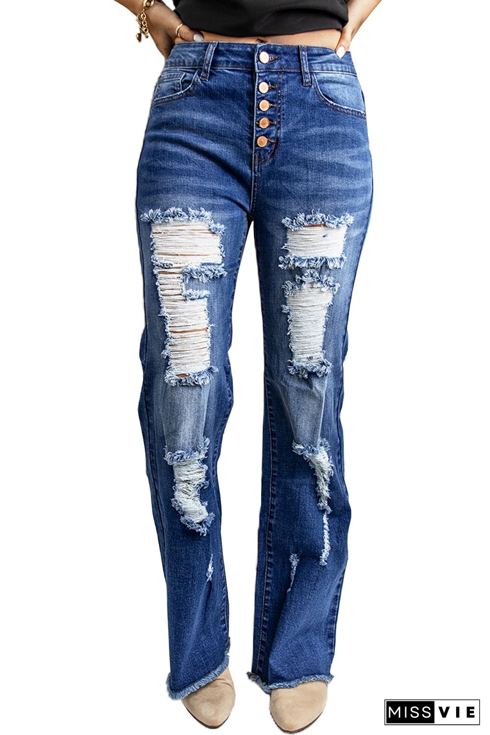 Blue Distressed Ripped Buttons Bell Bottom Jeans