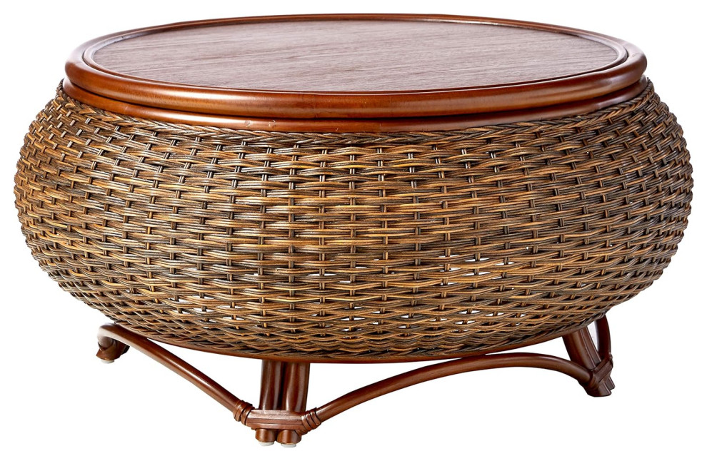 Traditional Coffee Table  Drum Shaped Rattan Construction With Round Top  Sienna   Tropical   Coffee Tables   by Decor Love  Houzz