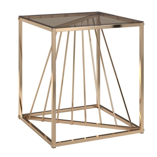 Square Metal and Glass Top End Table， Champagne Gold