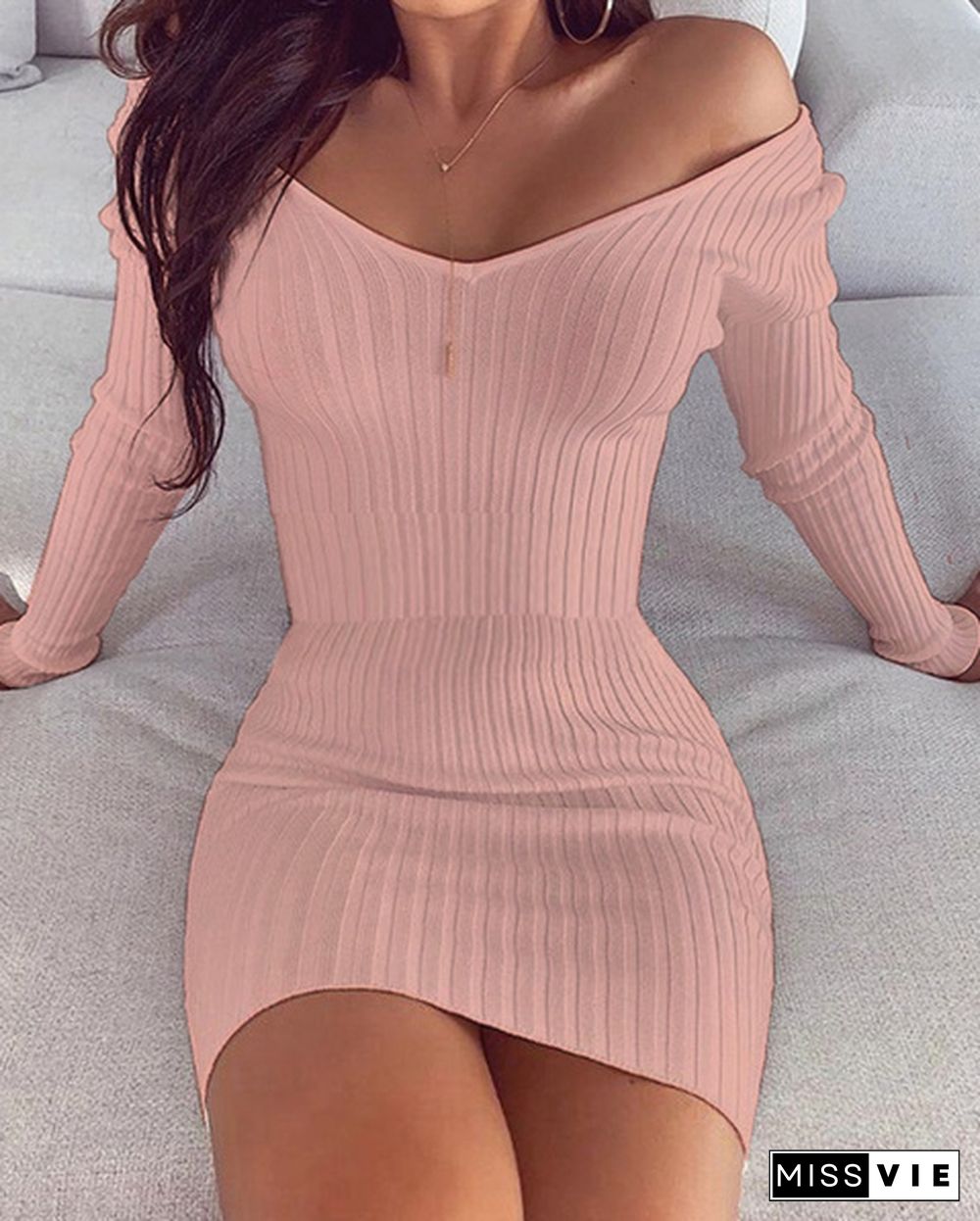 Fashion Bodycon Dress Solid Color Deep V-neck Off The Shoulder Long Sleeve Autumn Winter Dresses