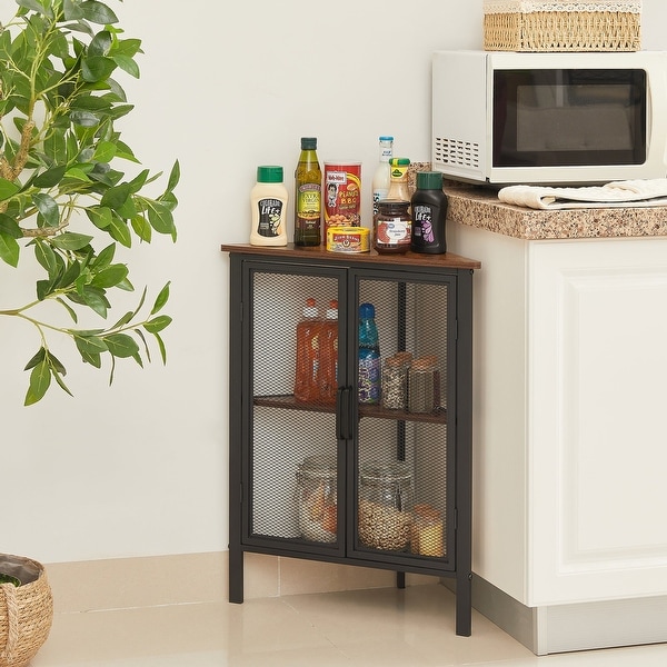 Industrial Triangle Corner Table with Dual Door and 3-tier Shelf Storage Cabinet