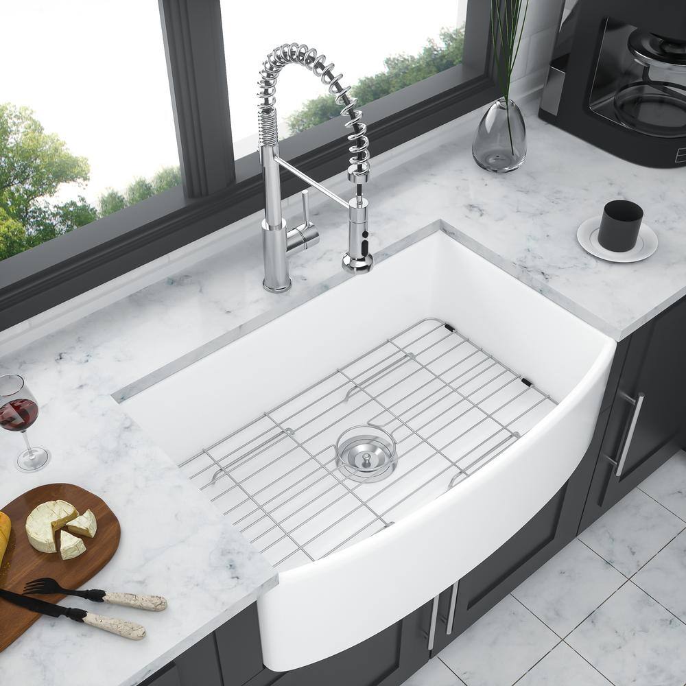 White Fireclay Ceramic 30 in. Single Bowl Farmhouse Apron Front Porcelain Arch Edge Kitchen Sink EC-KS3019-8241