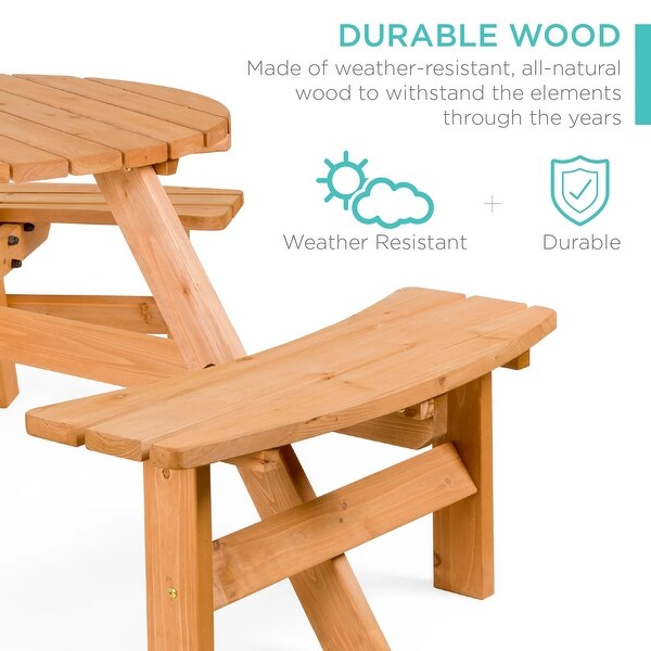 6Person Circular Wooden Picnic Table w/ Umbrella Hole，3 Benches