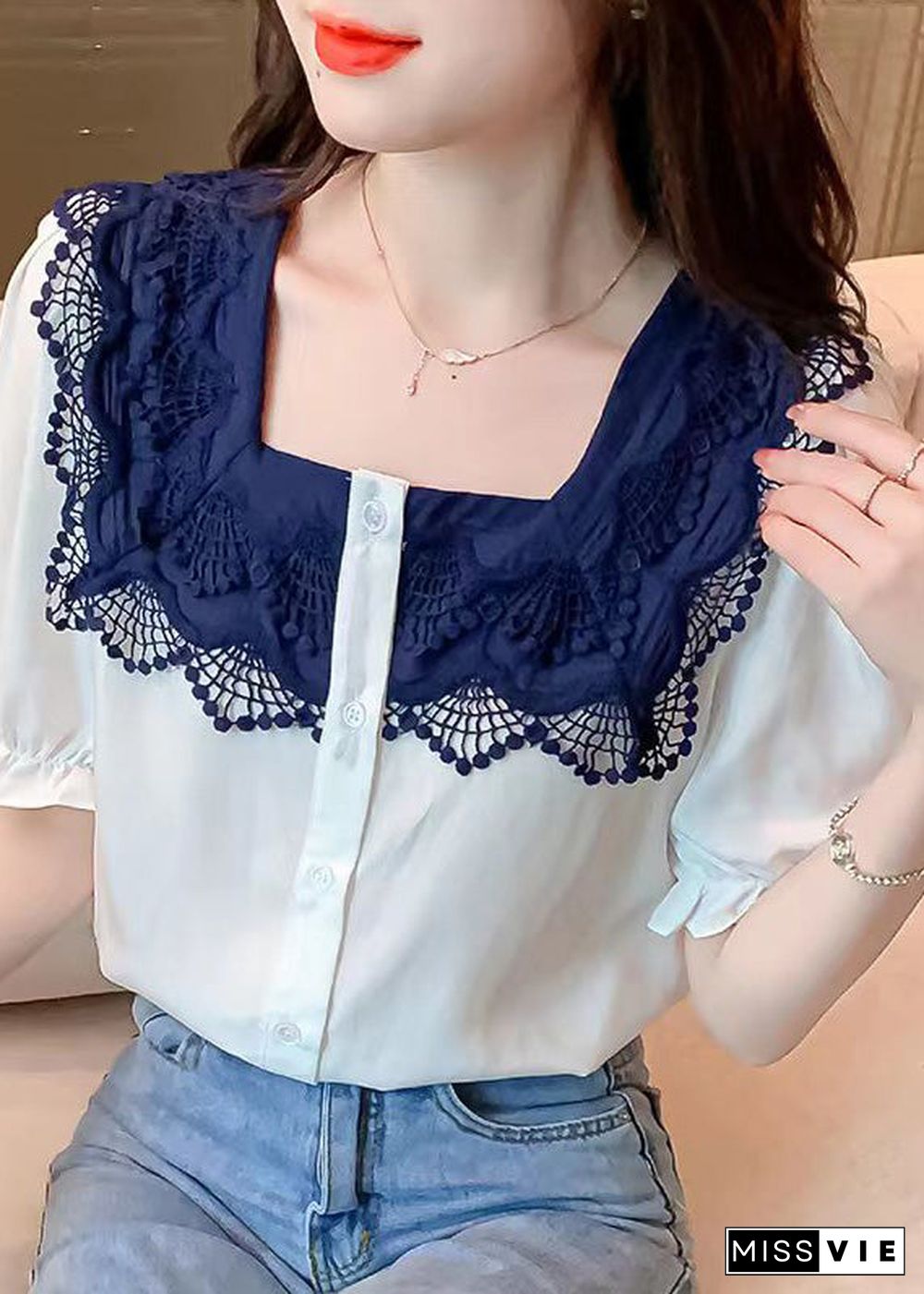 Women White Square Collar Lace Patchwork Button Shirt Short Sleeve