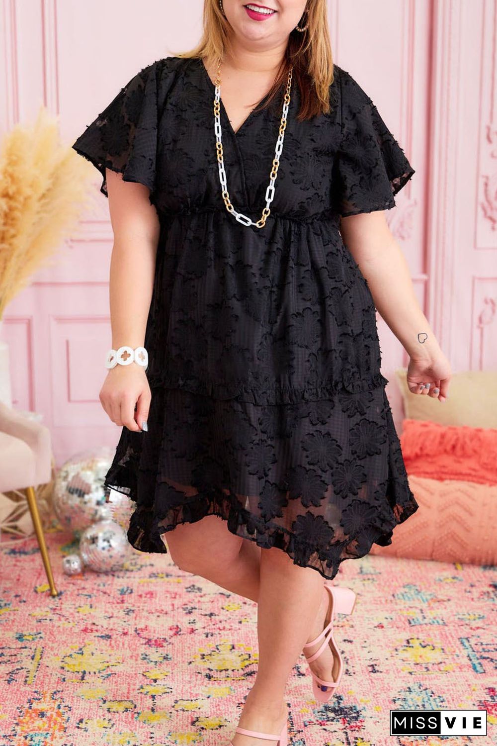 Black Floral Jacquard Flutter Sleeve Plus Size Mini Dress