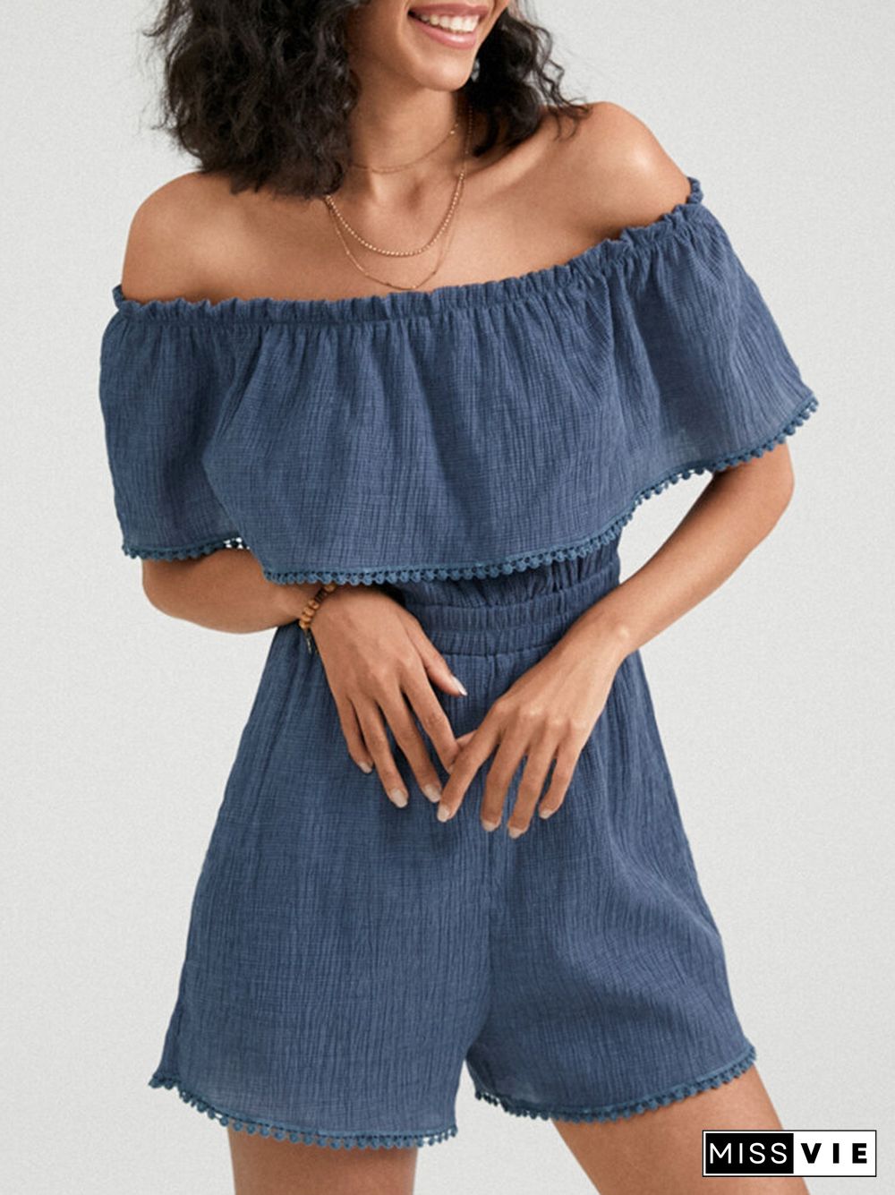 Ruffle Off Shoulder Solid Short Sleeve Women Romper