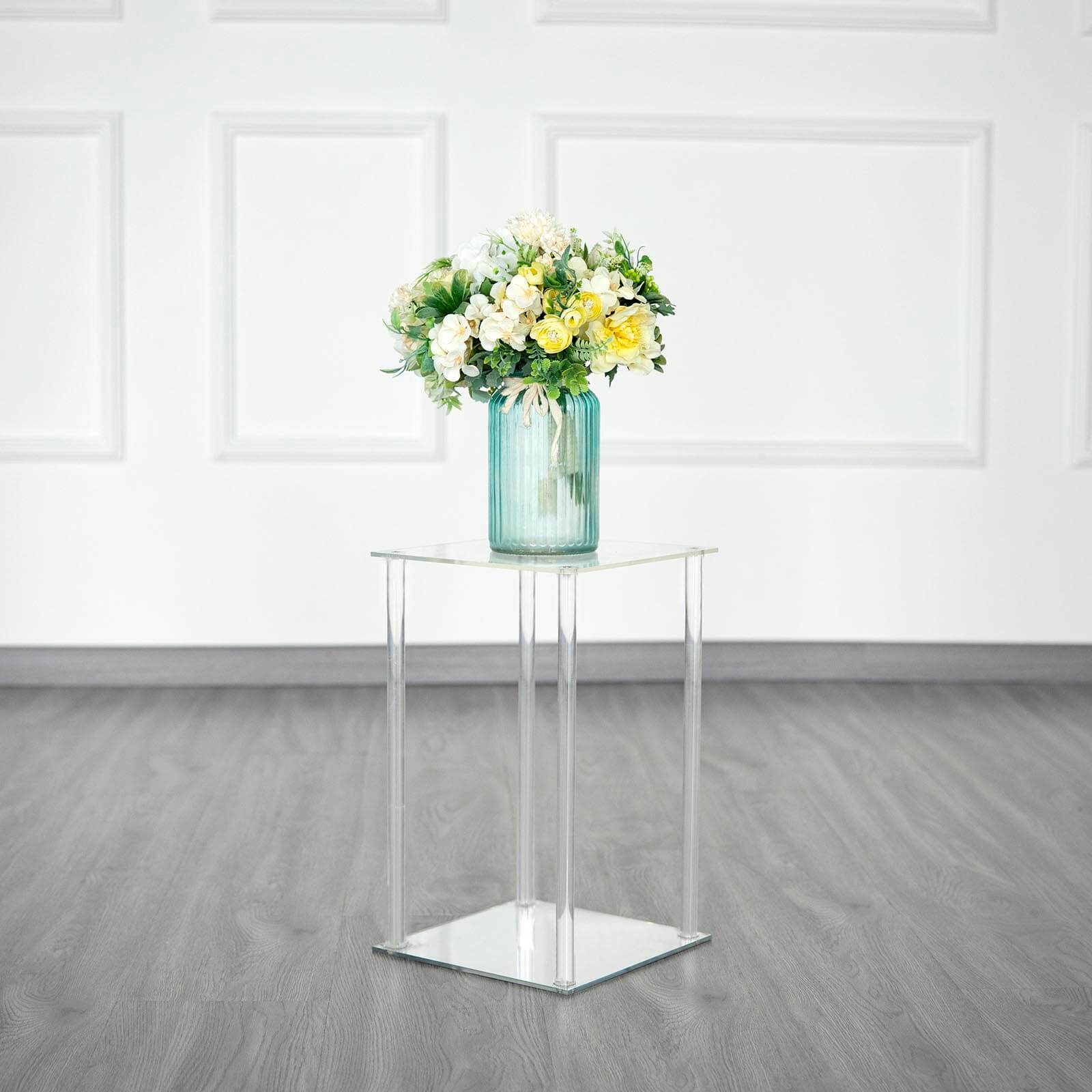 Clear Acrylic Flower Vase Pillar Column Stand With Square Mirror Base, Wedding Table Centerpiece 16