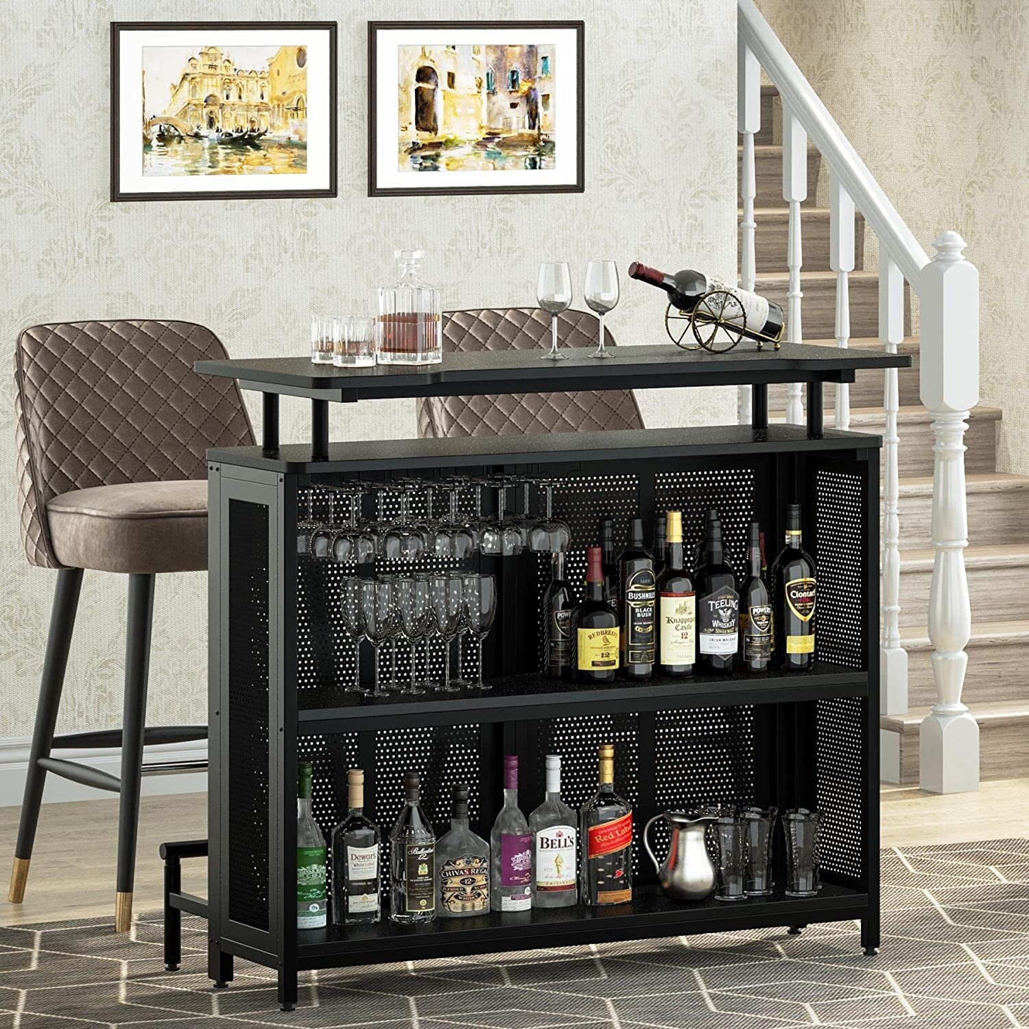 3 Tier Home Bar Unit， Wine Bar Table with Stemware Racks and Shelves