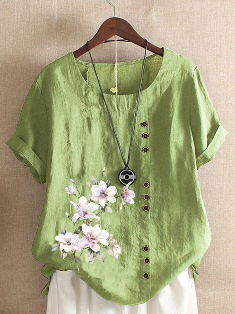 Round Neck Casual Loose Floral Print Short Sleeve Blouse