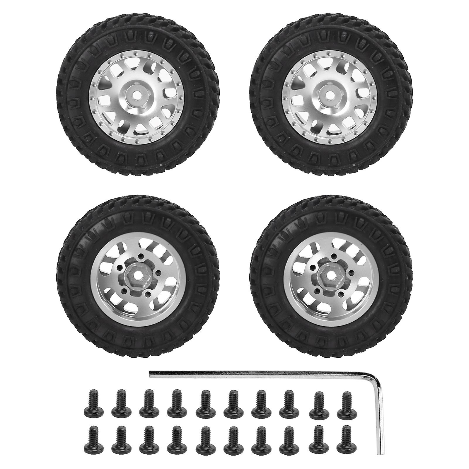 4pcs 55mm Front Rear Rubber Tires And 12 Spoke Metal Wheel Rims Set For Axial Scx24 1/24 Rc Carsilver