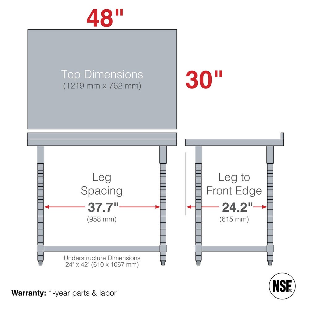 Metro TWS3048SU-316B-S TableWorx Stationary Stainless Steel Work Table with Open 3-Sided Frame and Backsplash， 30