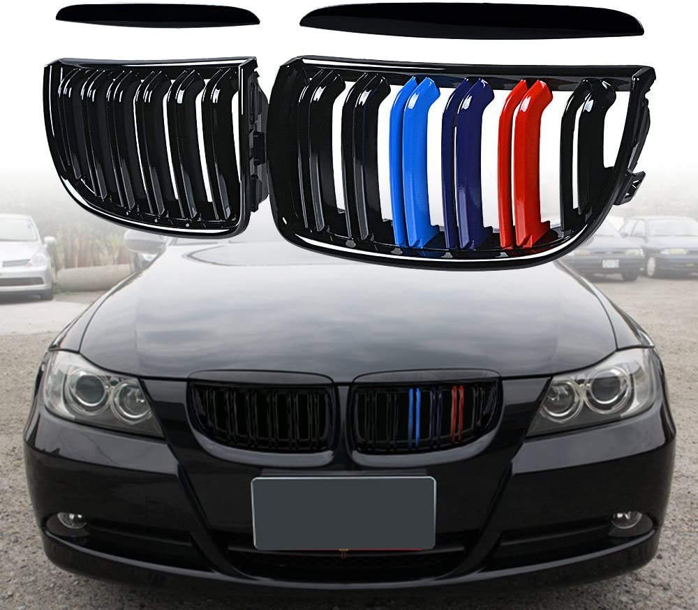 Front Hood Kidney Grille For BMW 2005-2008 E90 E91 325i 328i Sedan Wagon 4-Door Glossy Black + M Color