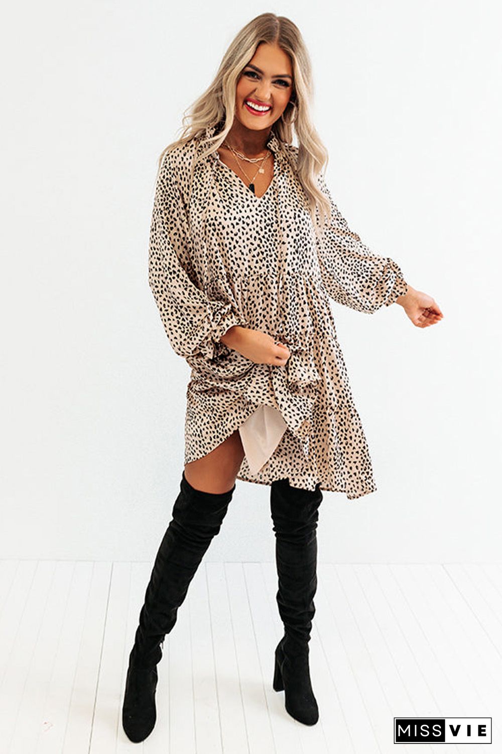 Khaki Leopard Print Ruffled V Neck Long Sleeve Mini Dress