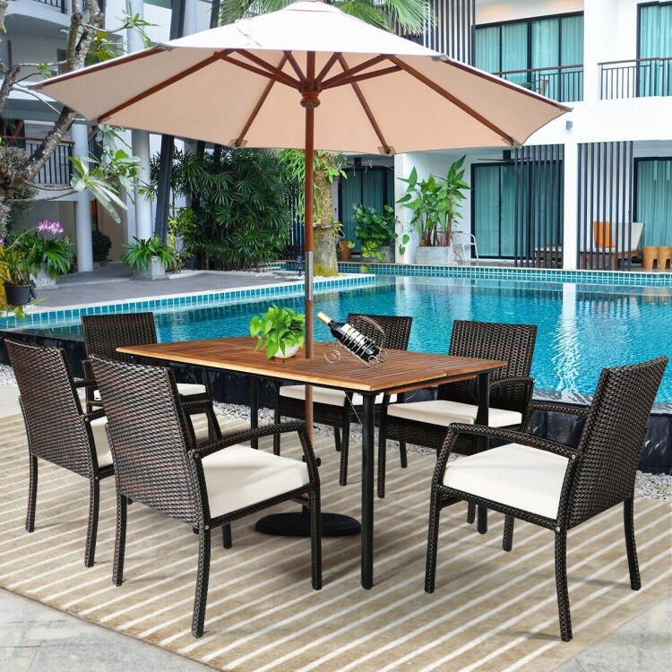 7PCS Patio Rattan Cushioned Dining Set with Umbrella Hole   24.5\