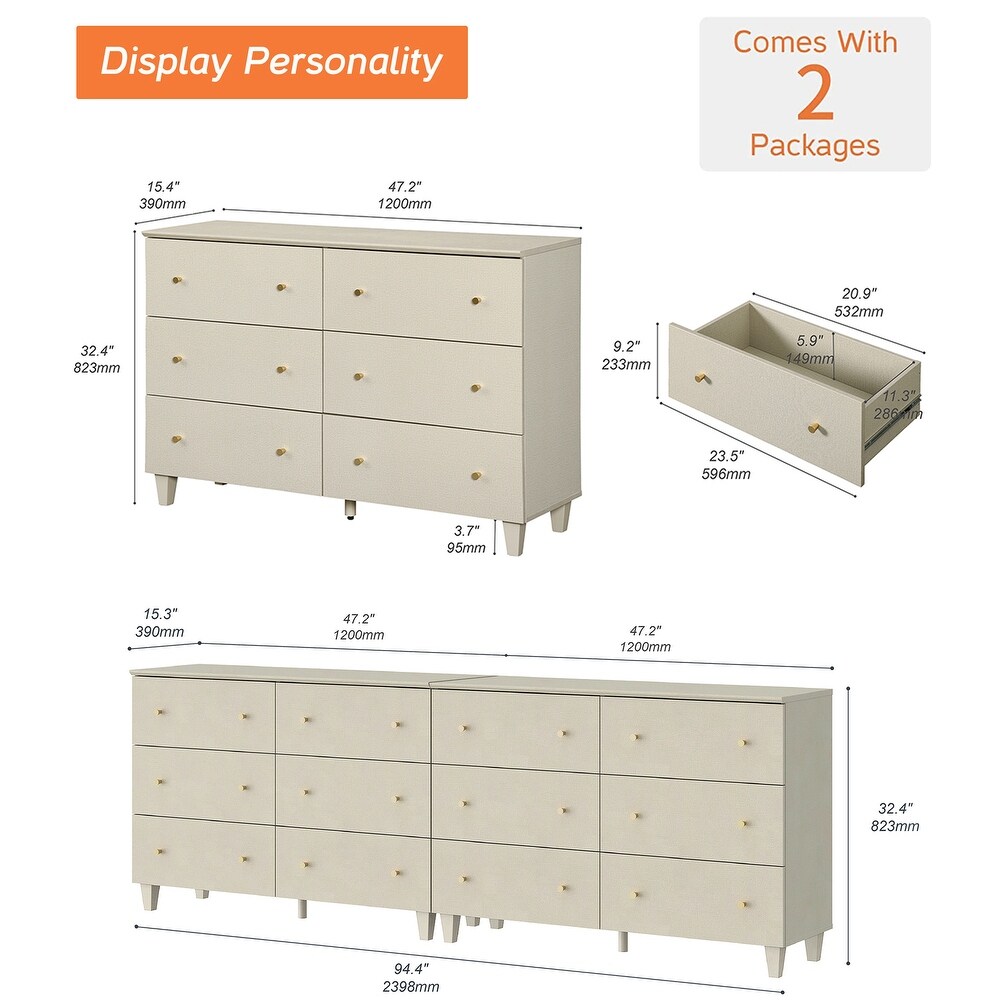 6 Drawers Dresser for Bedroom  Wooden Wide Chest of Drawers