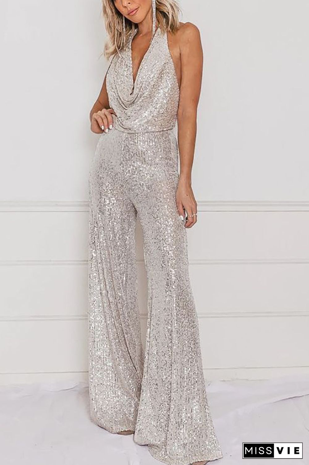 Sequin Cowl Neck Wide Leg Jumpsuit