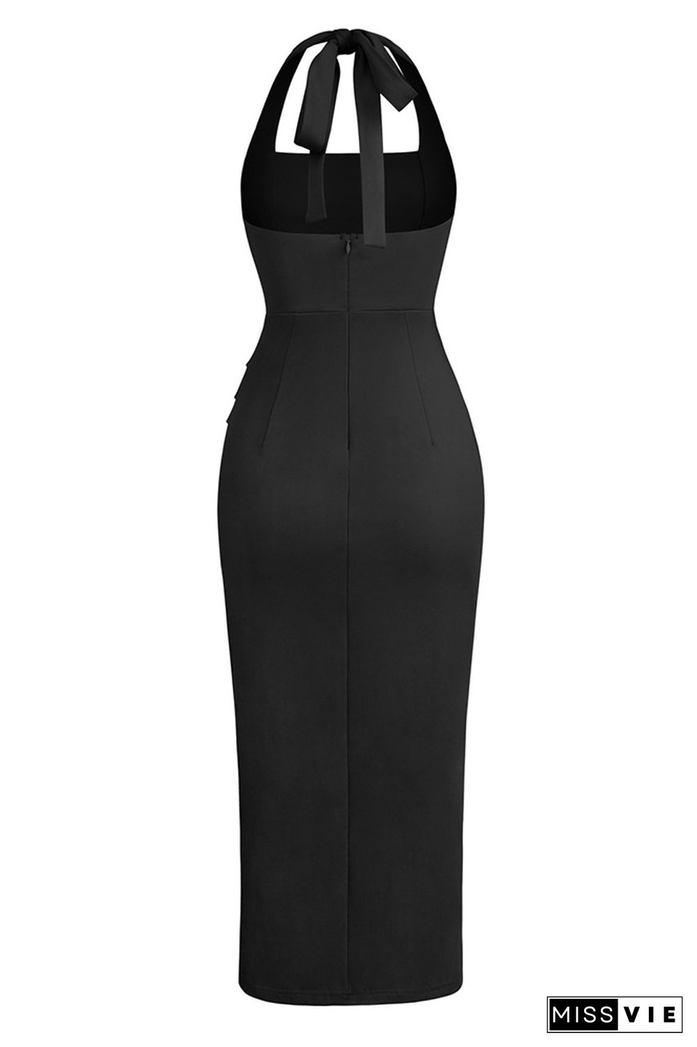 Halter Backless Ruched High Split Midi Dress