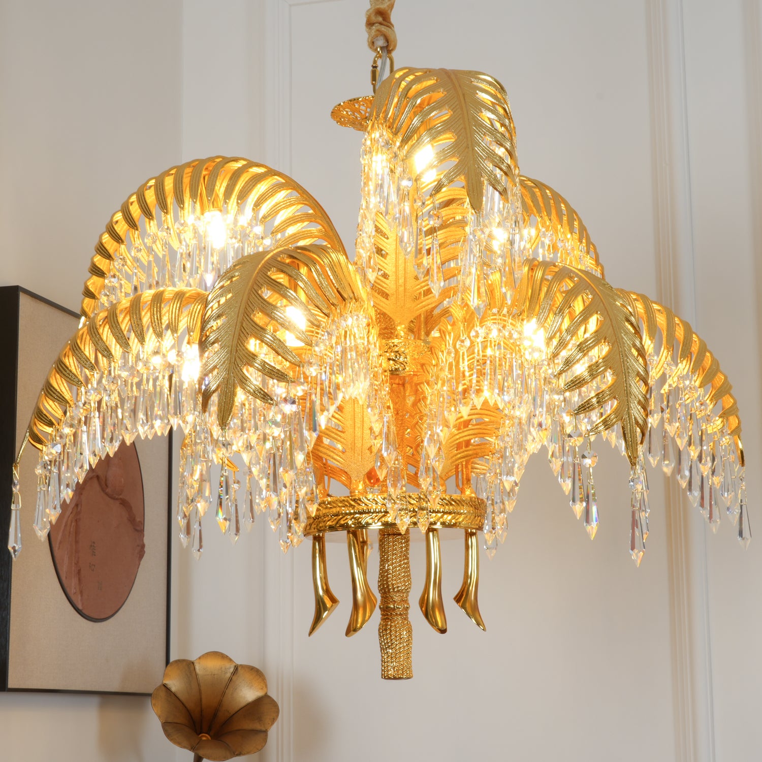 Brass Palm Leaf Crystal Chandelier