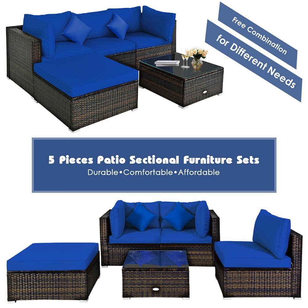 Costway 5-Piece Wicker Patio Conversation Set with Navy Cushions HW66868NY+