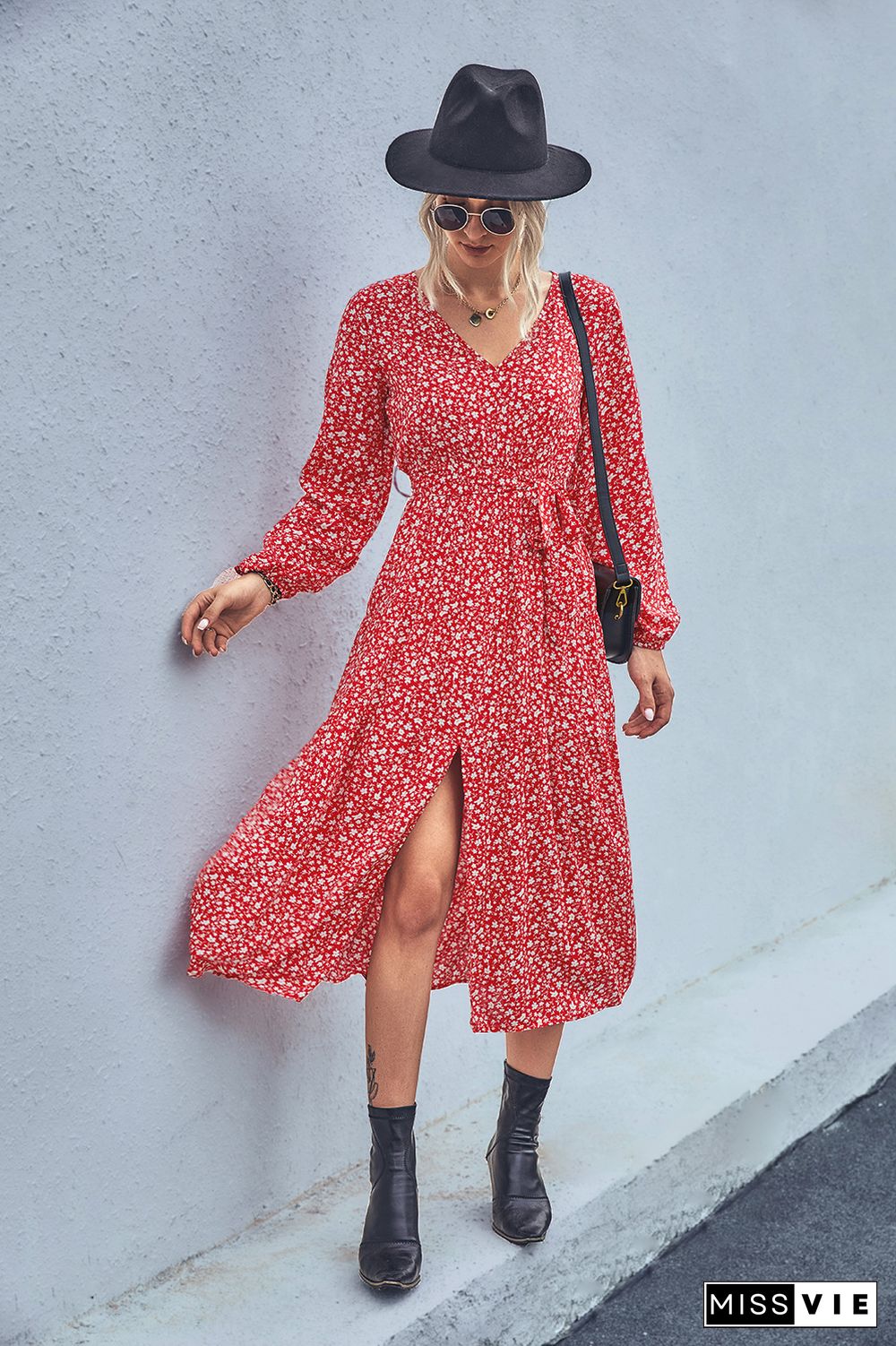 Elegant Floral Print Hem Split Dress For Women Spring Dresses New Button V-Neck Long Sleeve High Waist Maxi Dress