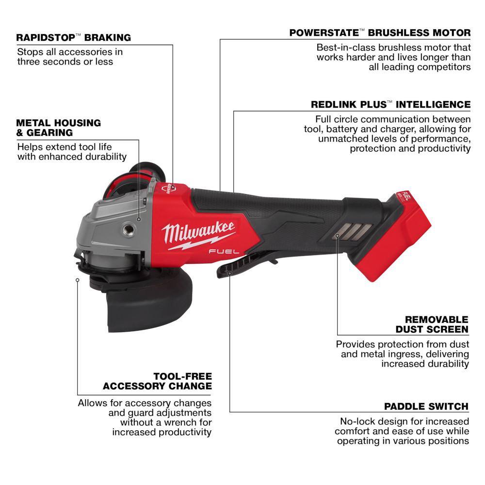 MW M18 FUEL 18V Lithium-Ion Brushless Cordless 4-12 in.5 in. Grinder wPaddle Switch (Tool-Only) 2880-20