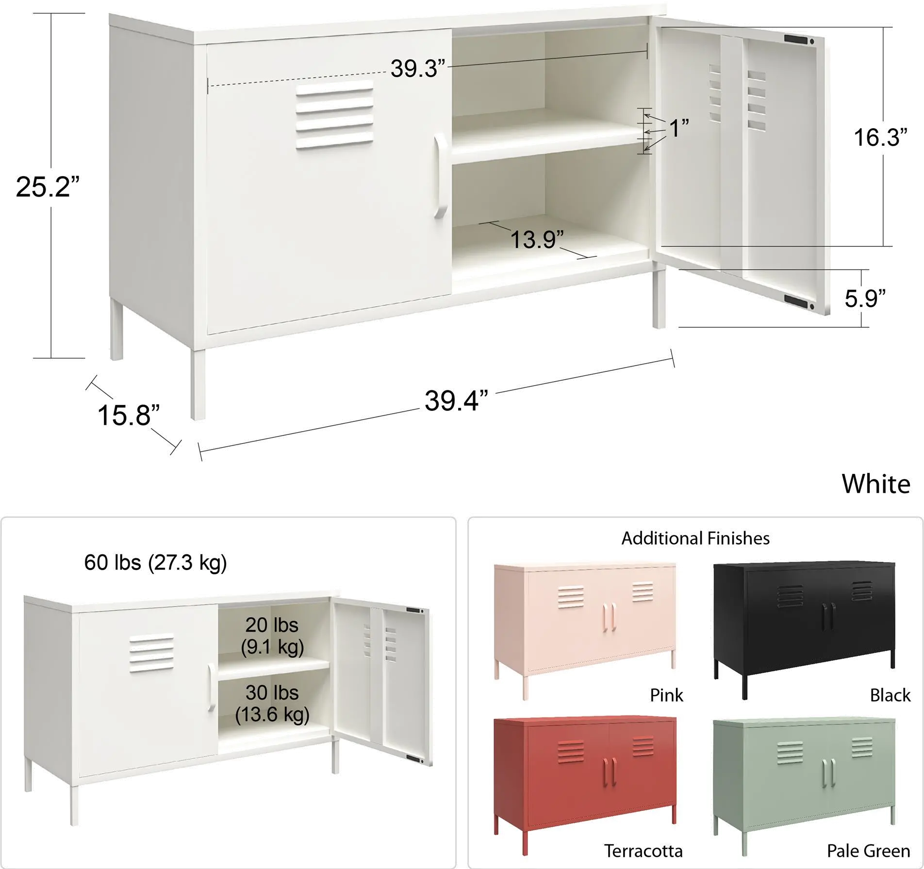 Mission White 2 Door Metal Locker Accent Cabinet