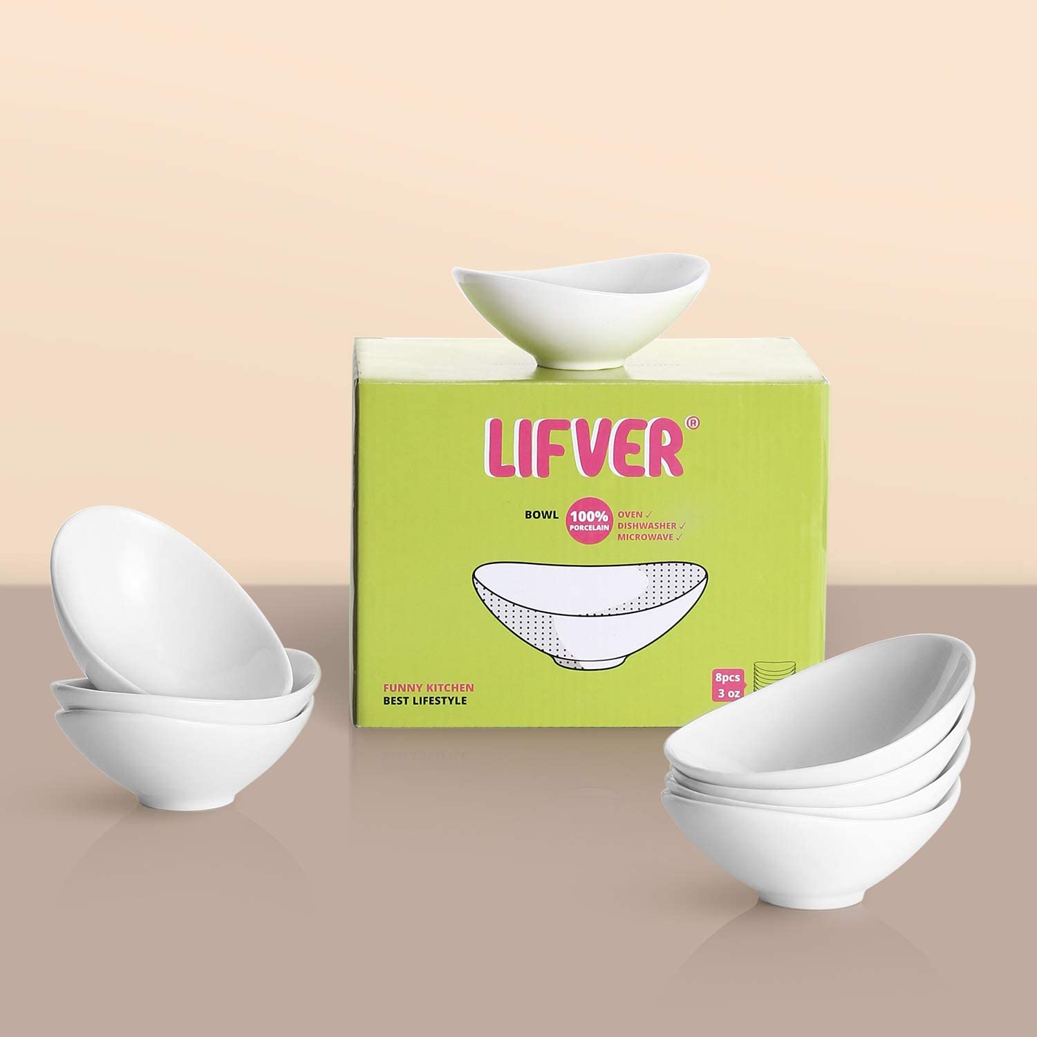 LIFVER 3oz Ceramic Soy Sauce Dish Set of 8， Dipping/Serving Bowls for Dessert， White Seasoning Plate for Ice Cream Fruit