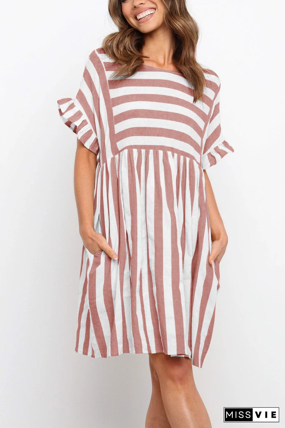 KarliDress Flounces Short Sleeved Stripes Mini Dress P12547