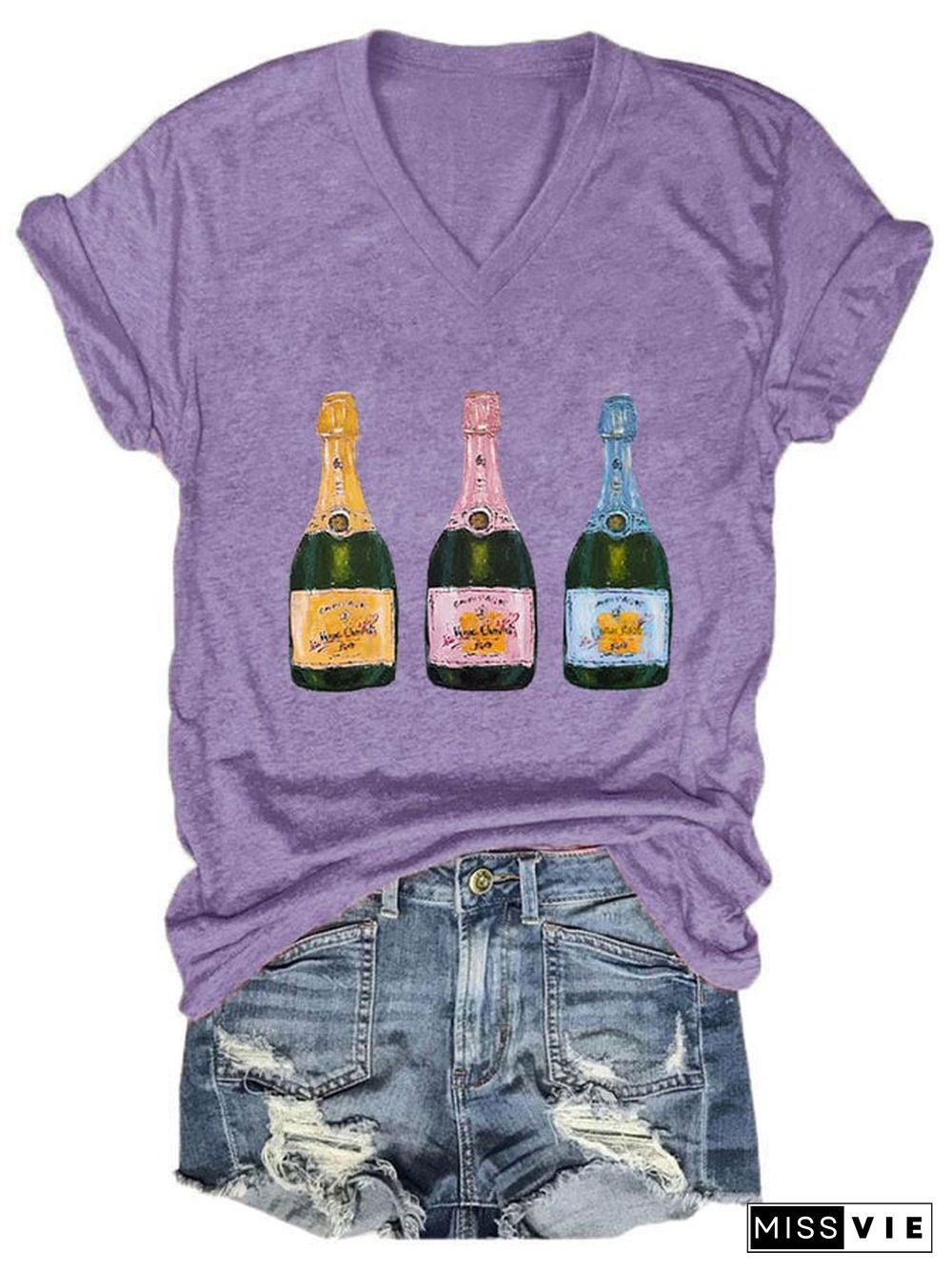 Women's Christmas Champagne Print V-Neck T-Shirt