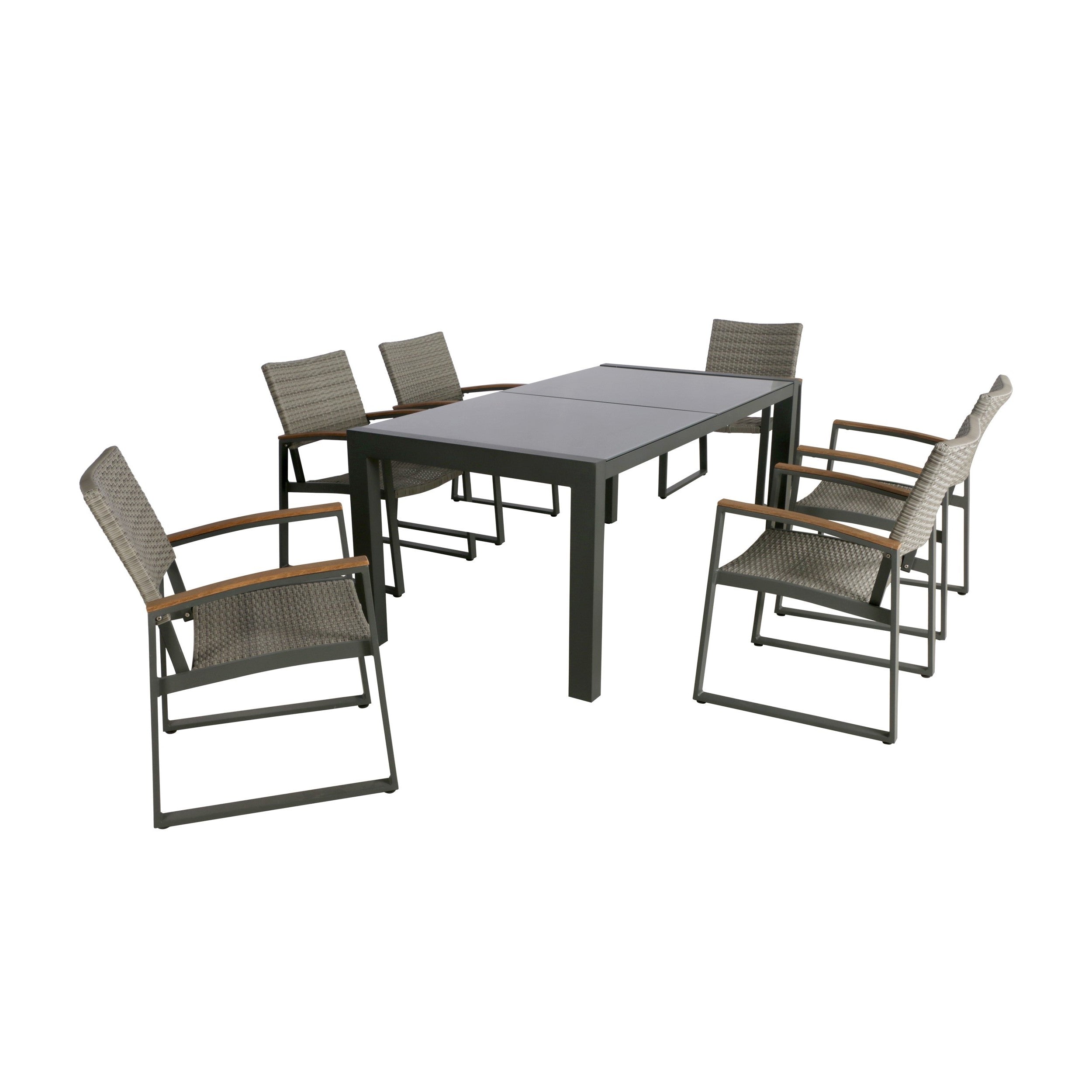 Teina Outdoor Aluminum and Wicker 7 Piece Dining Set with Glass Table Top, Gray and Gray