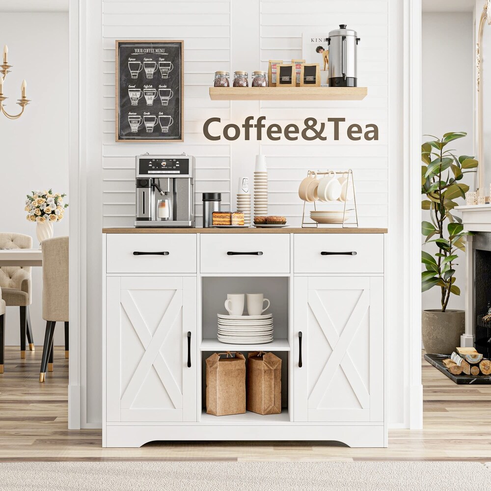 Modern Farmhouse Buffet Storage Cabinet  Barn Doors Wood Sideboard with Drawers and Shelves For Coffee Bar  Kitchen  Dining Room