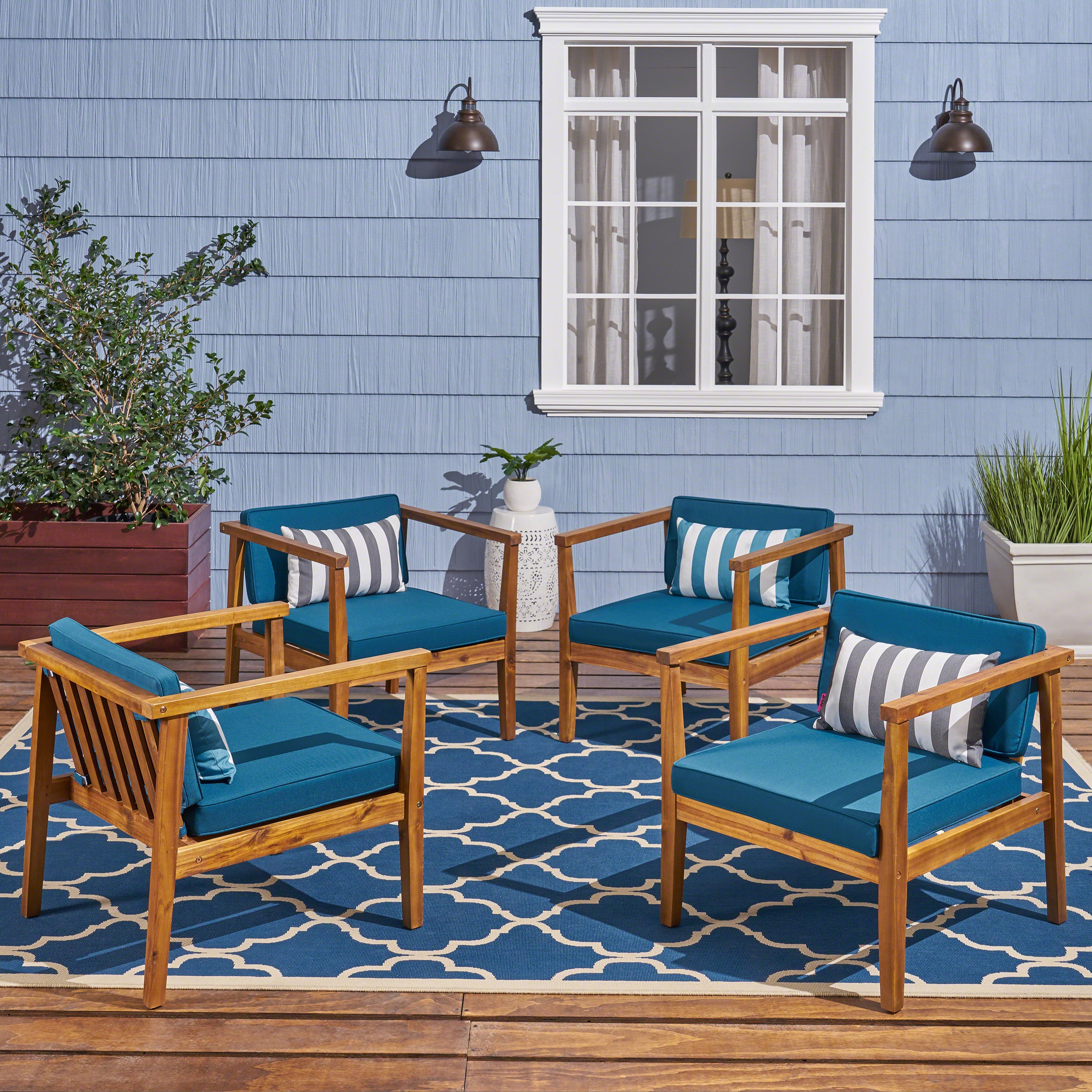 Thomson Outdoor Acacia Wood Club Chairs with Water-Resistant Cushions (Set of 4)