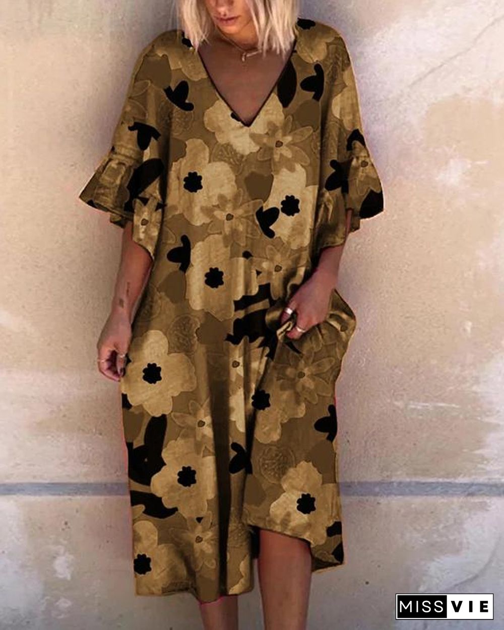 Printed Leaf Sleeve Casual Midi Dress