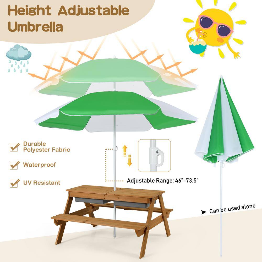 Costway 3-in-1 Kids Wood Rectangle Outdoor Picnic Table Water Sand Table with Umbrella Play Boxes HY10008