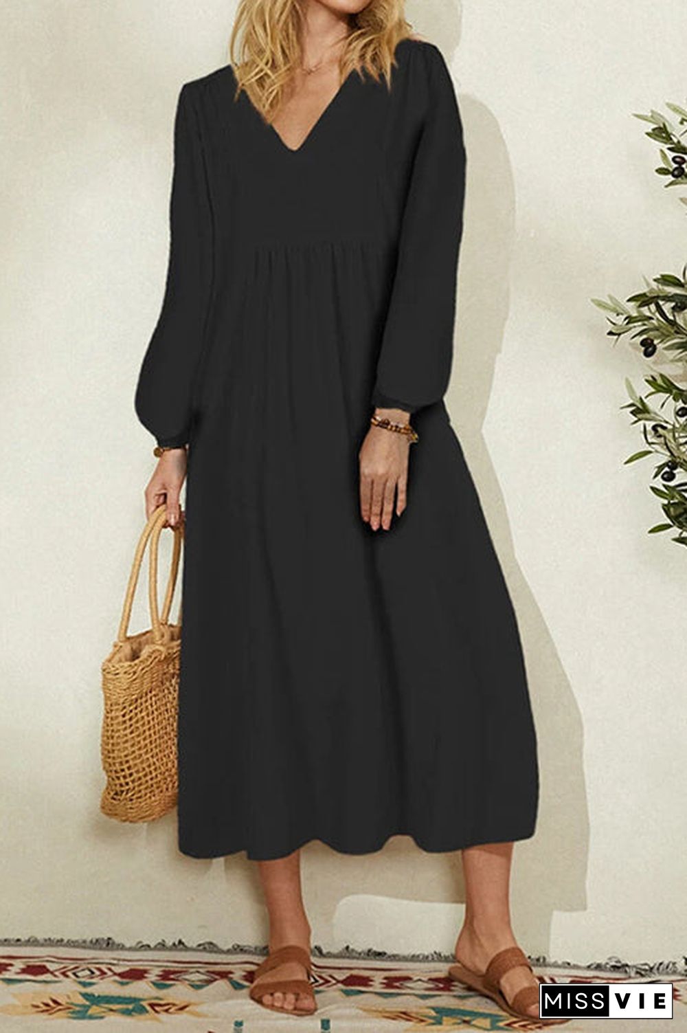 V Neck Puff Long Sleeve Maxi Dress